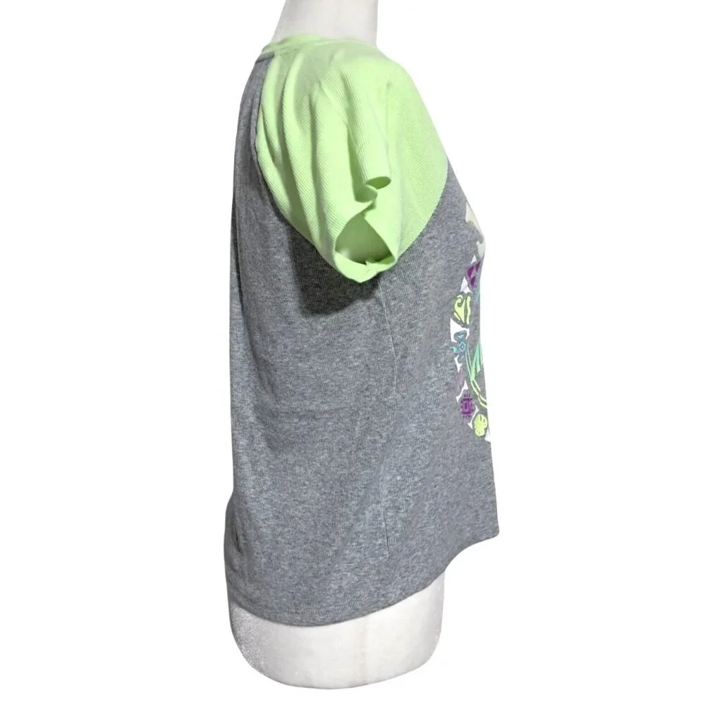 Justice Girls XL Gray &‎ Green Raglan Crop Top With Sequin Lettering & Palm Tree